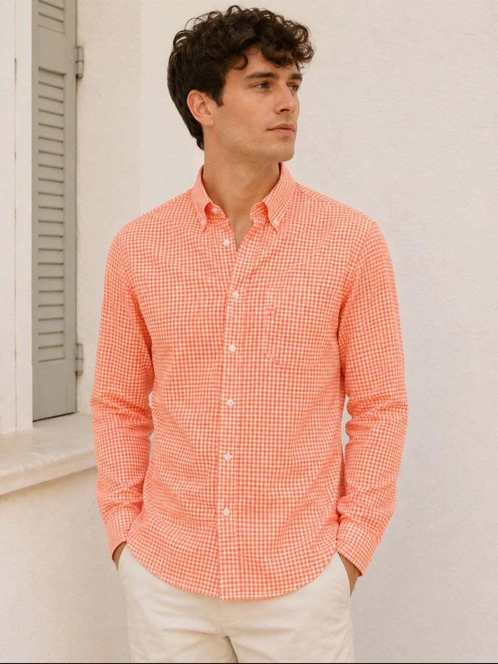 J Crew Orange White Gingham Slim Fit Button Down Shirt XL Preppy